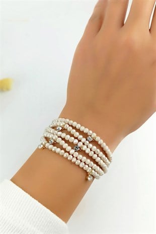 Asansörlü Kristal Boncuk Dört Sıra Taşlı Bileklik TrBilek7434 B34003