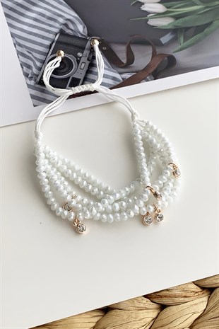 Asansörlü Krsital Boncuk Dört Sıra Taşlı Bileklik TrBilek7597 B34003