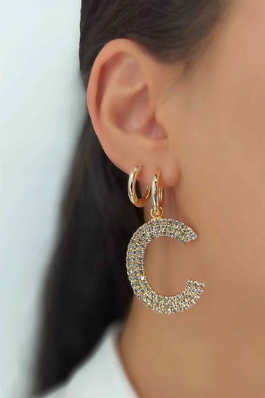 Büyük Taşlı Gold  C Harf Küpe TaşlıKüpeC