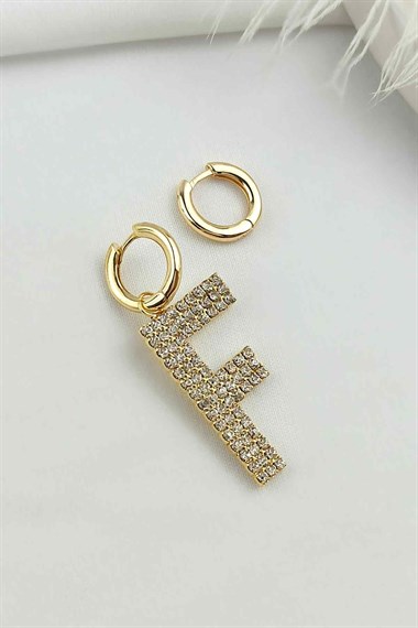 Büyük Taşlı Gold F Harf Küpe TaşlıKüpeF