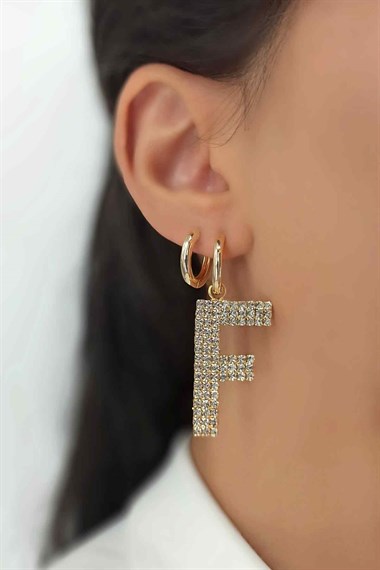 Büyük Taşlı Gold F Harf Küpe TaşlıKüpeF