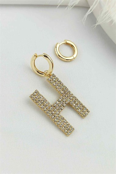 Büyük Taşlı Gold H Harf Küpe TaşlıKüpeH