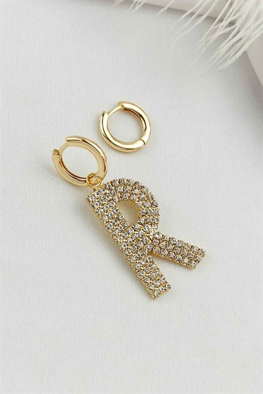 Büyük Taşlı Gold R Harf Küpe TaşlıKüpeR