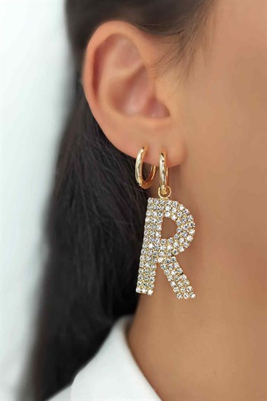 Büyük Taşlı Gold R Harf Küpe TaşlıKüpeR