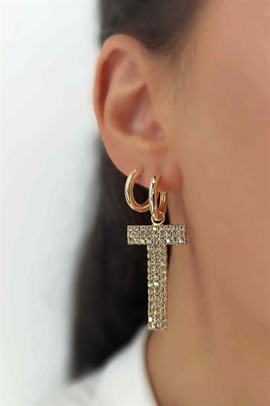 Büyük Taşlı Gold T Harf Küpe TaşlıKüpeT