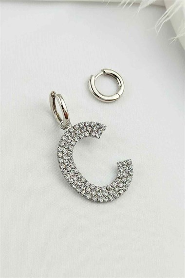 Büyük Taşlı Gümüş C Harf Küpe TaşlıKüpeC