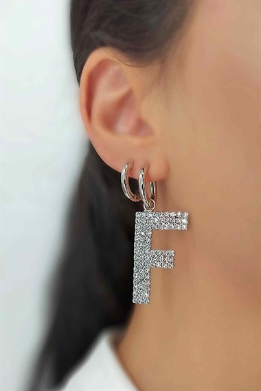 Büyük Taşlı Gümüş F Harf Küpe TaşlıKüpeF