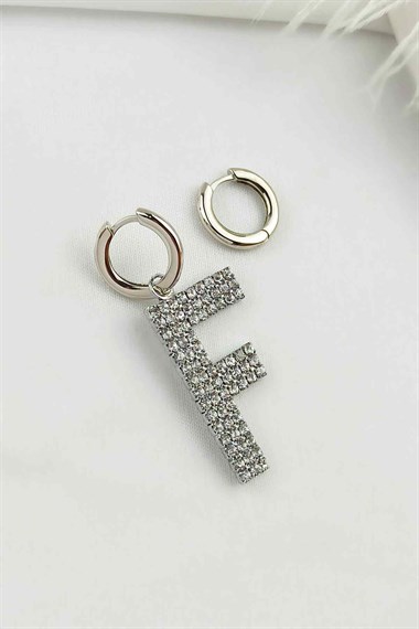 Büyük Taşlı Gümüş F Harf Küpe TaşlıKüpeF