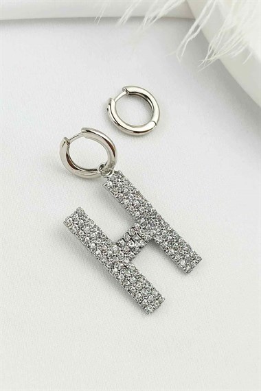 Büyük Taşlı Gümüş H Harf Küpe TaşlıKüpeH