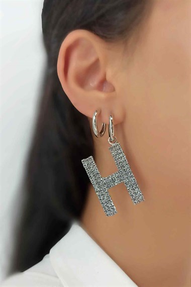 Büyük Taşlı Gümüş H Harf Küpe TaşlıKüpeH