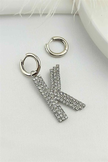 Büyük Taşlı Gümüş K Harf Küpe TaşlıKüpeK