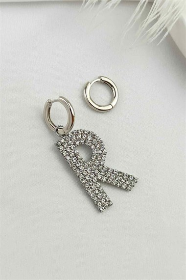 Büyük Taşlı Gümüş R Harf Küpe TaşlıKüpeR