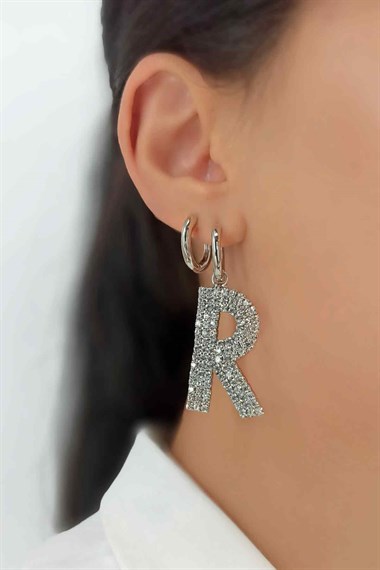 Büyük Taşlı Gümüş R Harf Küpe TaşlıKüpeR