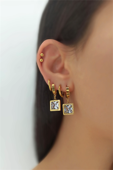 Çelik 6 lı Kare Taş Küpe Kombin TrKüpe35027