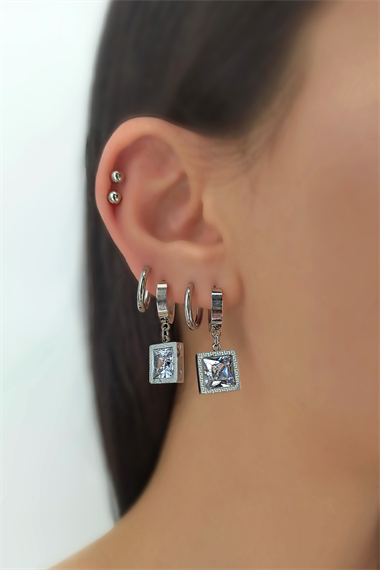 Çelik 6 lı Kare Taş Küpe Kombin TrKüpe35027