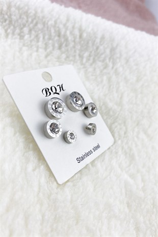 Çelik 6 lı Taşlı Roma Rakam Çoklu Kombin Küpe TrKüpe3512 B34003