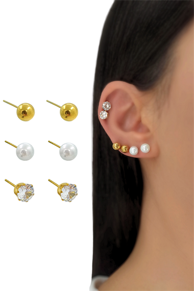 Çelik 6lı İnci Top Küpe Kombin