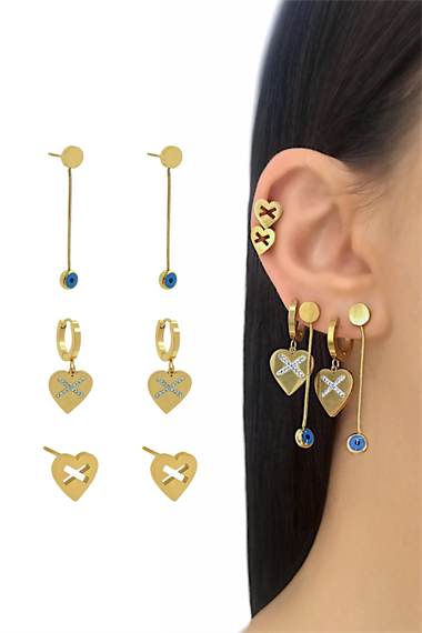 Çelik 6lı Nazar Boncuk Kalp Yılan Zincir Küpe Kombin