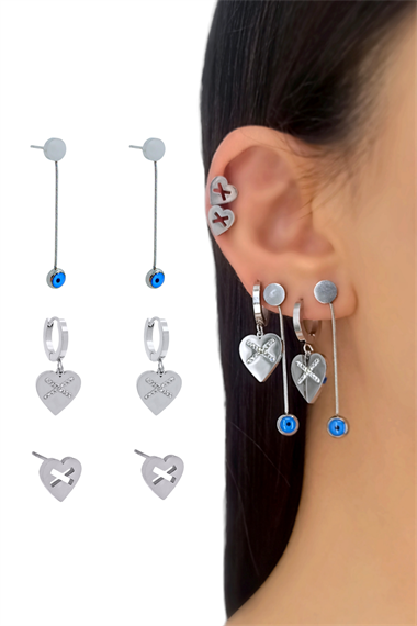 Çelik 6lı Nazar Boncuk Kalp Yılan Zincir Küpe Kombin