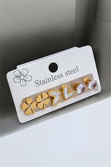 Çelik 6lı Sedefli Kalp Küpe Kombin 35603