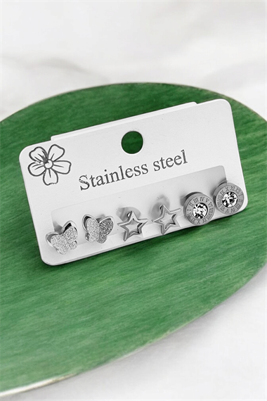 Çelik 6lı Simli Yıldız Küpe Kombin 35602