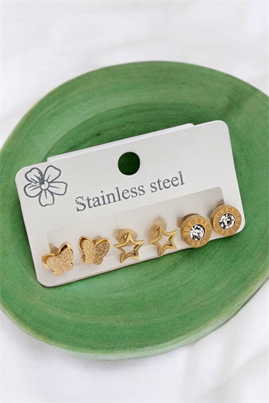 Çelik 6lı Simli Yıldız Küpe Kombin 35602