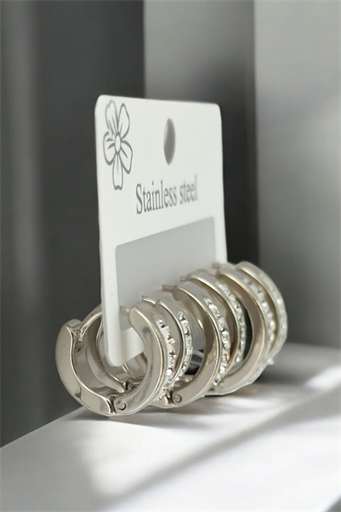 Çelik 6lı Taşlı Halka Küpe Kombin