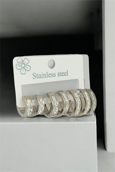 Çelik 6lı Taşlı Halka Küpe Kombin