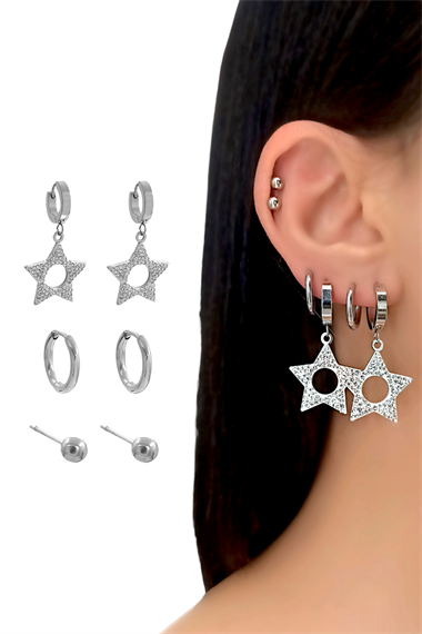 Çelik 6lı Taşlı Yıldız Küpe Kombin