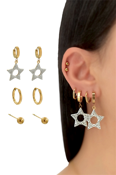 Çelik 6lı Taşlı Yıldız Küpe Kombin