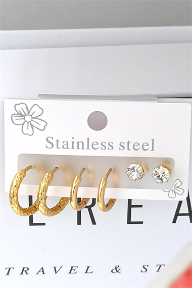 Çelik 6lı Tektaş Kabartma Halka Küpe Kombin