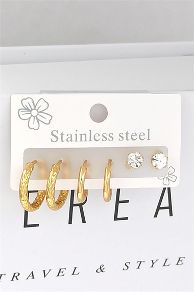 Çelik 6lı Tektaş Kabartma Halka Küpe Kombin