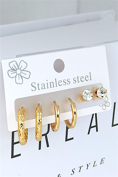 Çelik 6lı Tektaş Kabartma Halka Küpe Kombin