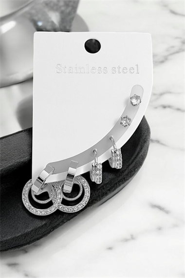 Çelik 6lı Zirkon Taş Biyeli Halka Küpe Kombin 35655