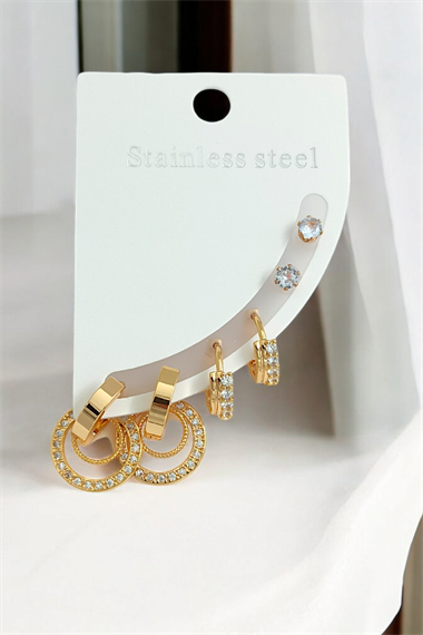 Çelik 6lı Zirkon Taş Biyeli Halka Küpe Kombin 35655