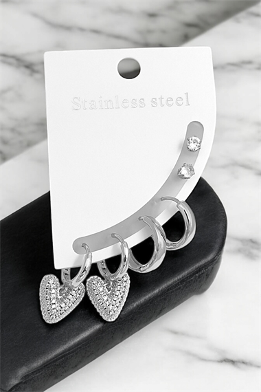 Çelik 6lı Zirkon Taş Kalp Halka Küpe Kombin 35653 