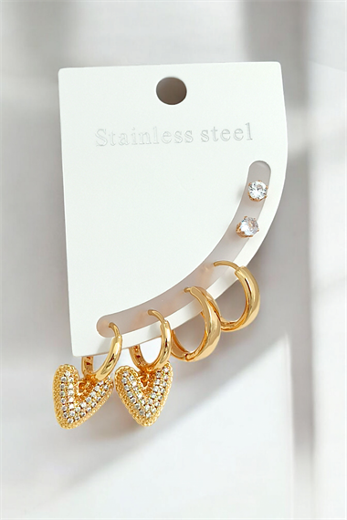 Çelik 6lı Zirkon Taş Kalp Halka Küpe Kombin 35653 