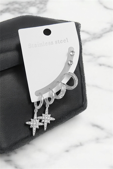 Çelik 6lı Zirkon Taş Kuzey Yıldız Küpe Kombin 35655