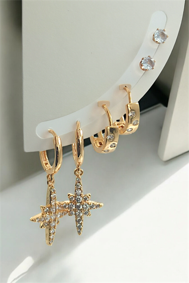 Çelik 6lı Zirkon Taş Kuzey Yıldız Küpe Kombin 35655