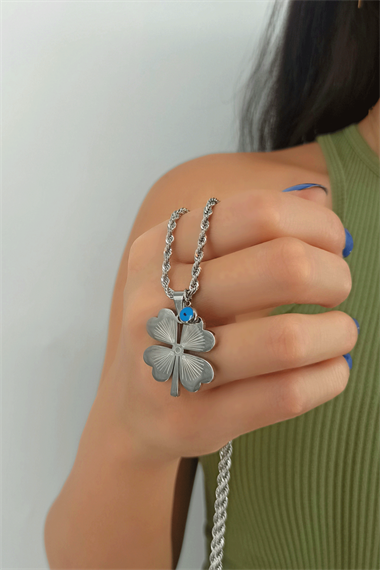 Çelik Burgu Zincir Yonca Kolye TrKolye50096