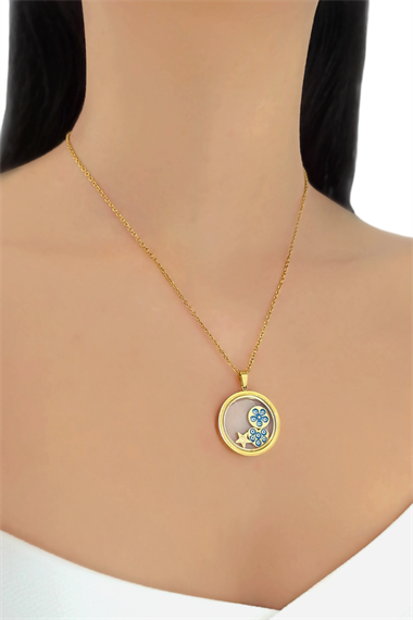 Çelik Çerçeveli Nazar Boncuk Kalp Kolye