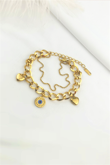 Çelik iki Sıra Geçmeli Zincir Kalp Çelik Bileklik TrBilek7991