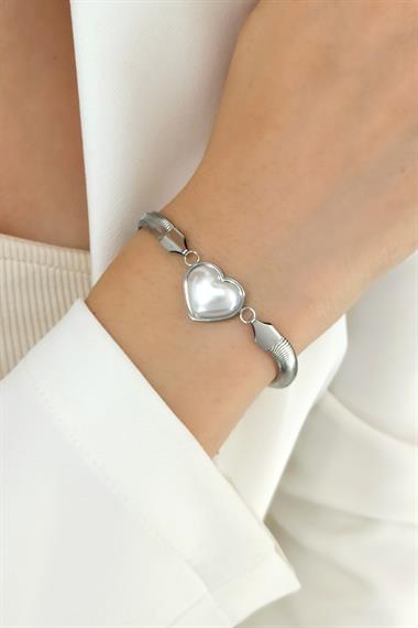 Çelik İncili Kalp Yılan Zincir Bileklik