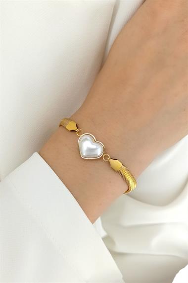 Çelik İncili Kalp Yılan Zincir Bileklik