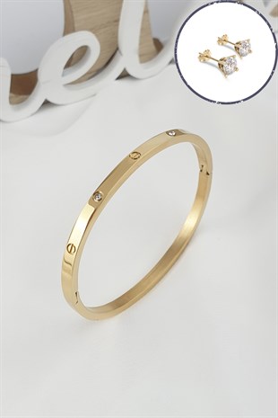 Çelik Kelepçe Taşlı İnce Bileklik (316 Steel) Zirkon Taşlı Küpe HediyeliB500