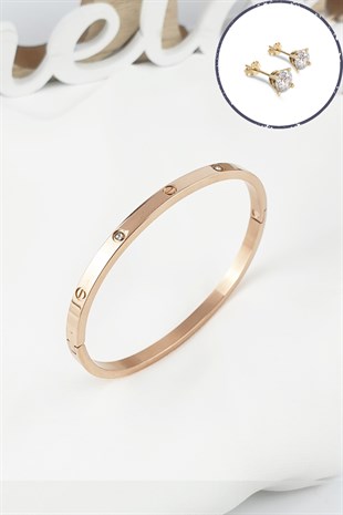 Çelik Kelepçe Taşlı İnce Bileklik (316 Steel) Zirkon Taşlı Küpe HediyeliB500