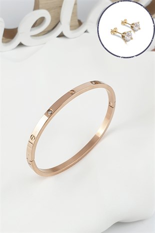 Çelik Kelepçe Taşlı İnce Bileklik (316 Steel) Zirkon Taşlı Küpe HediyeliB500