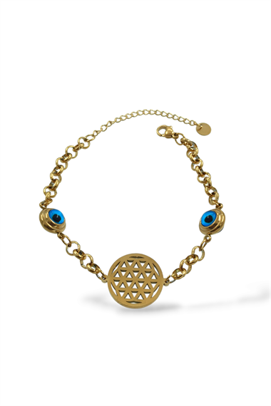 Çelik Nazar Boncuklu Yaşam Çiçeği Bileklik