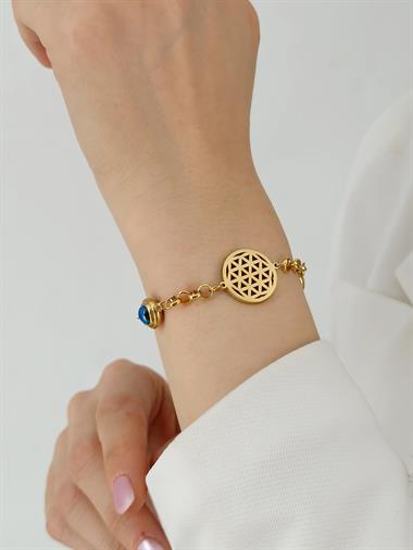 Çelik Nazar Boncuklu Yaşam Çiçeği Bileklik