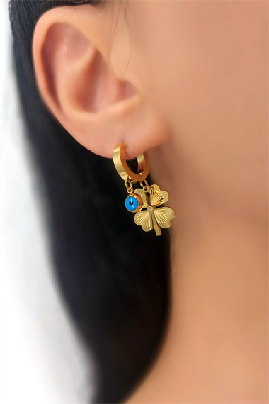 Çelik Nazar Boncuklu Yonca Halka Küpe TrKüpe34505